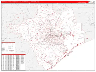 Houston-The Woodlands-Sugar Land Metro Area RedLine style ZIP Code wall map