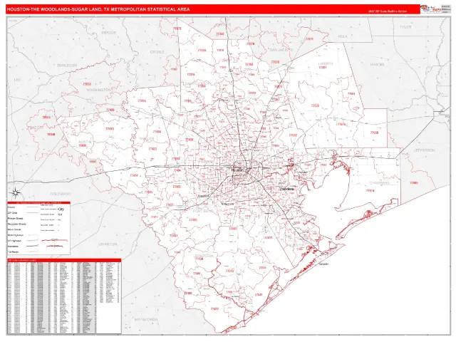 Houston-The Woodlands-Sugar Land Metro Area ZIP Code Wall Map, RedLine style