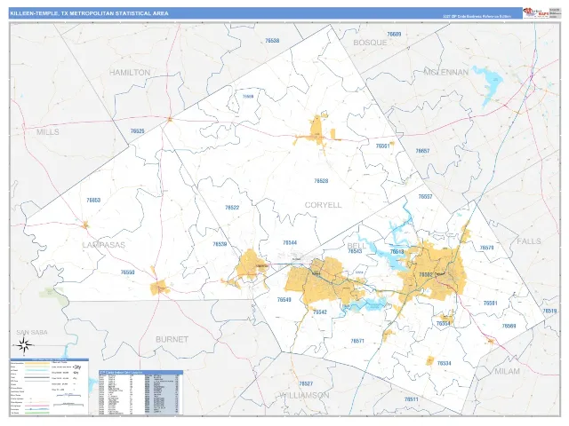 Killeen-Temple Metro Area ZIP Code Wall Map, Business Reference style