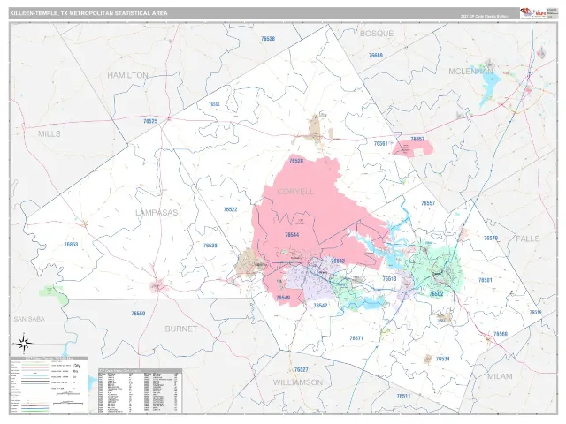 Killeen-Temple Metro Area ZIP Code Wall Map, Classic style