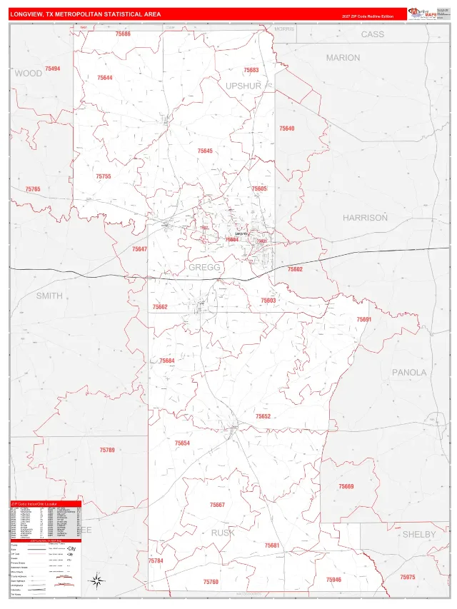 Longview Metro Area ZIP Code Wall Map, RedLine style