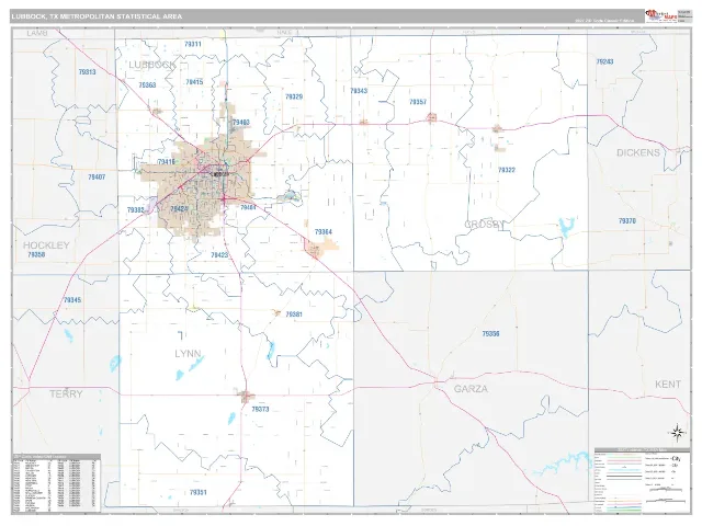 Lubbock Metro Area ZIP Code Wall Map, Classic style