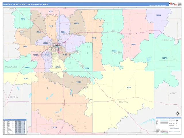 Lubbock Metro Area ZIP Code Wall Map, ColorCast style