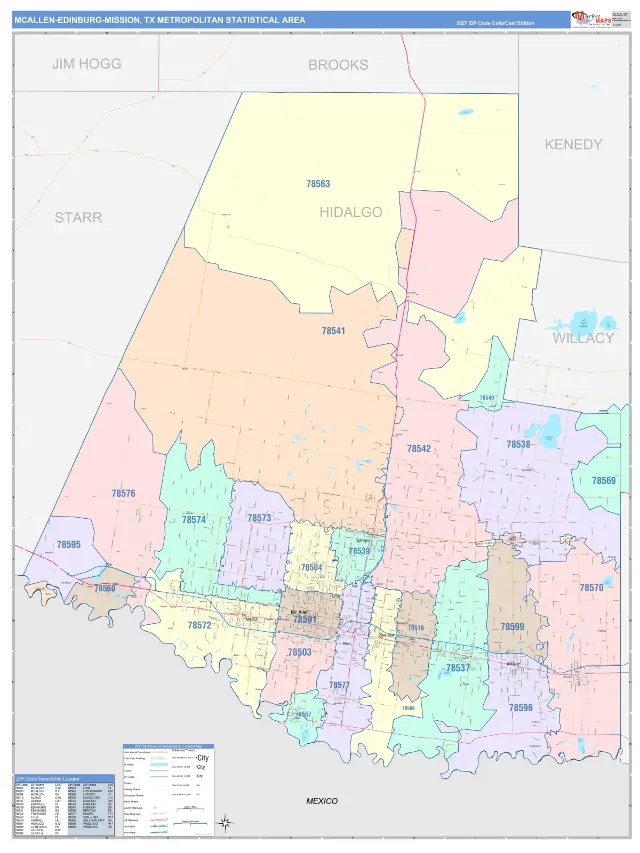McAllen-Edinburg-Mission Metro Area ZIP Code Wall Map, ColorCast style