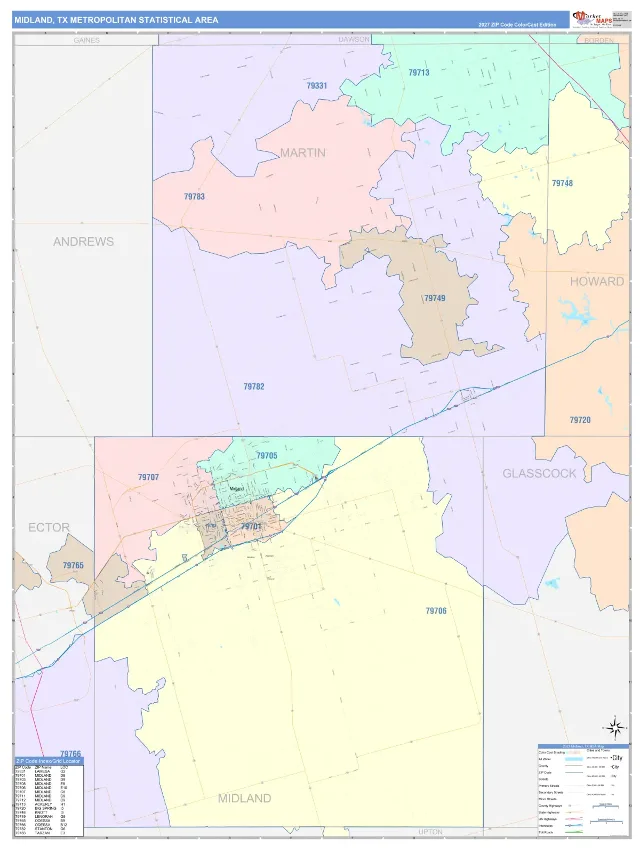 Midland Metro Area ZIP Code Wall Map, ColorCast style