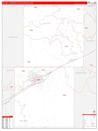 Midland Metro Area RedLine style ZIP Code wall map