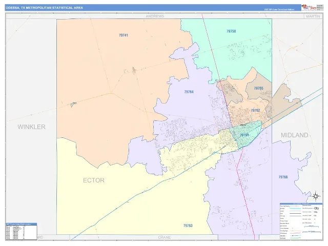 Odessa Metro Area ZIP Code Wall Map, ColorCast style