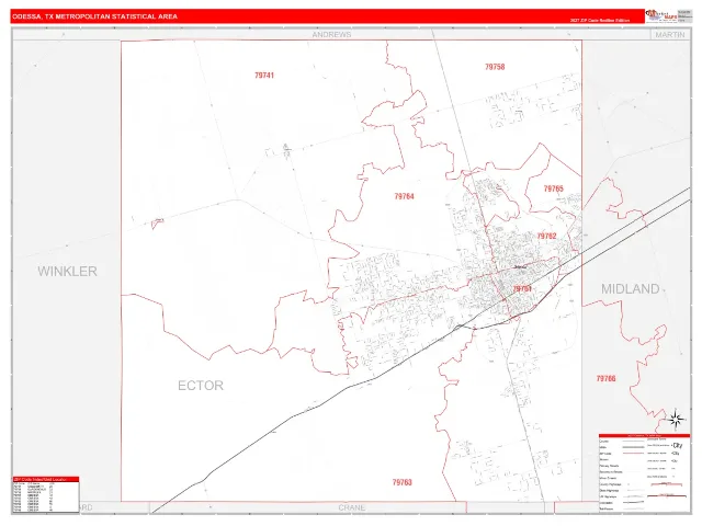Odessa Metro Area ZIP Code Wall Map, RedLine style