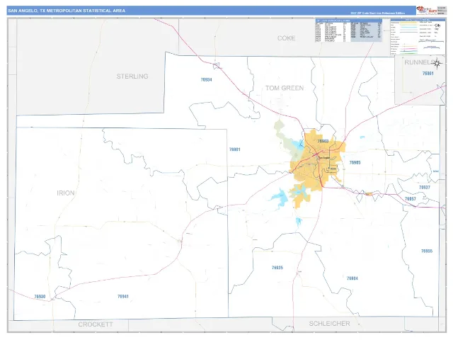 San Angelo Metro Area ZIP Code Wall Map, Business Reference style