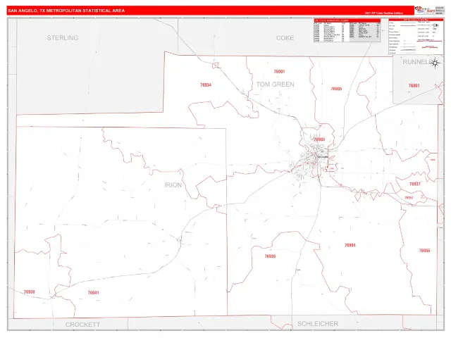 San Angelo Metro Area ZIP Code Wall Map, RedLine style