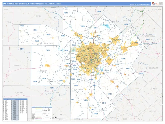 San Antonio-New Braunfels Metro Area ZIP Code Wall Map, Business Reference style