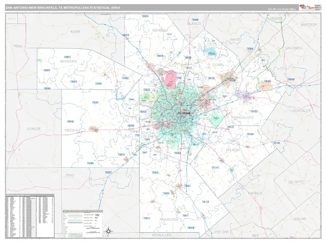 San Antonio-New Braunfels Metro Area ZIP Code Wall Map, Classic style