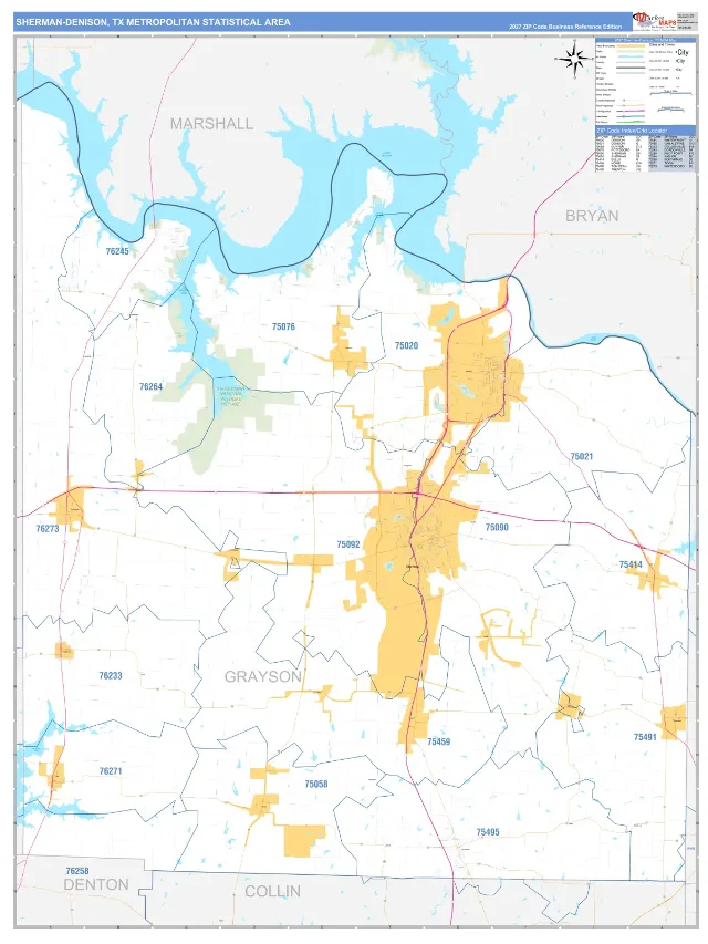 Sherman-Denison Metro Area ZIP Code Wall Map, Business Reference style