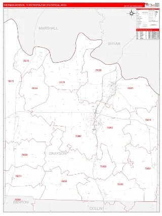 Sherman-Denison Metro Area RedLine style ZIP Code wall map