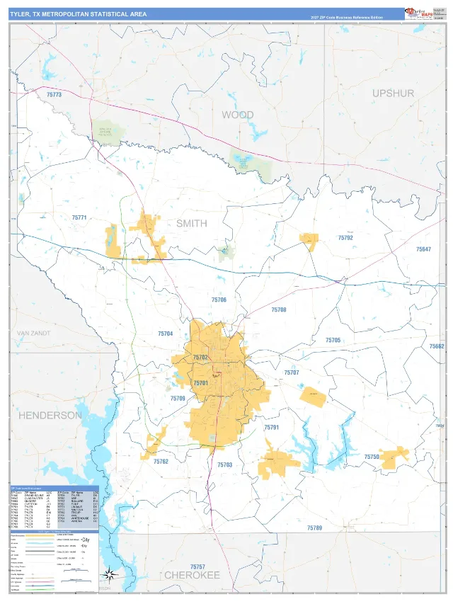 Tyler Metro Area ZIP Code Wall Map, Business Reference style