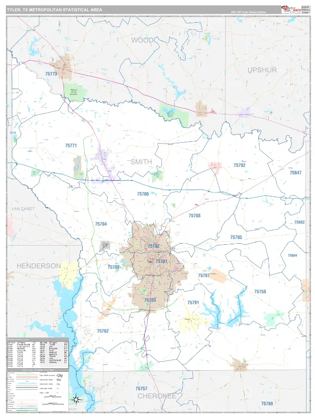 Tyler Metro Area ZIP Code Wall Map, Classic style