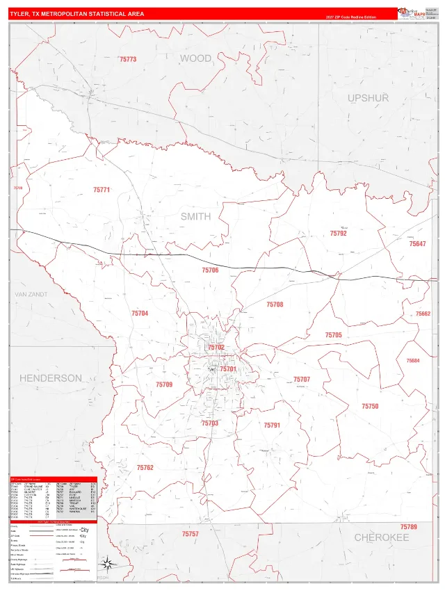 Tyler Metro Area ZIP Code Wall Map, RedLine style