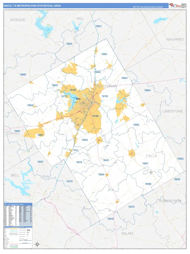 Waco Metro Area ZIP Code Wall Map, Business Reference style