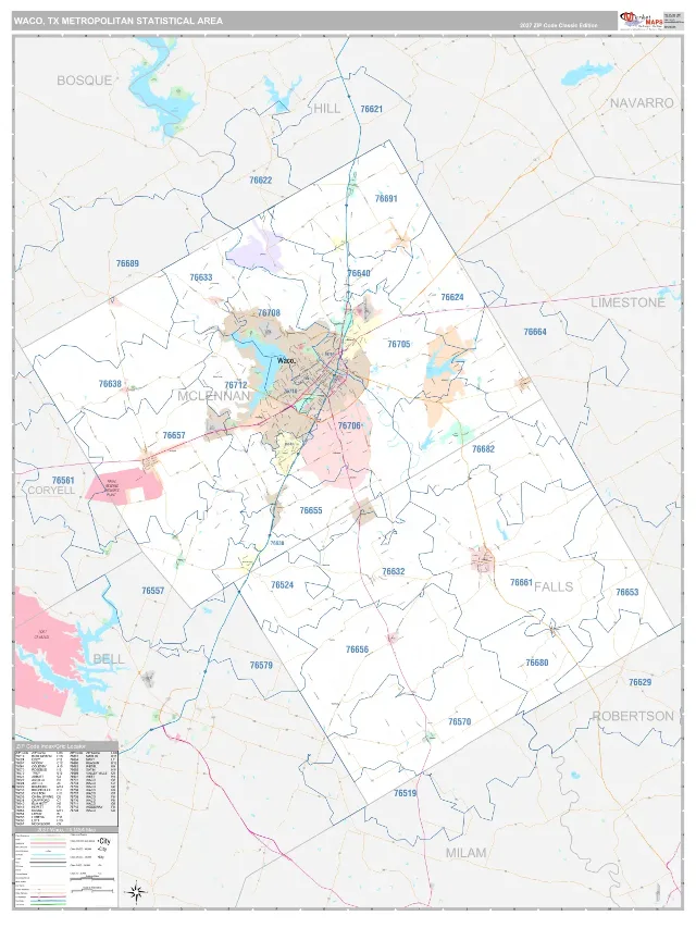 Waco Metro Area ZIP Code Wall Map, Classic style