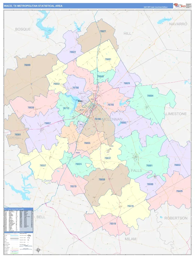 Waco Metro Area ZIP Code Wall Map, ColorCast style