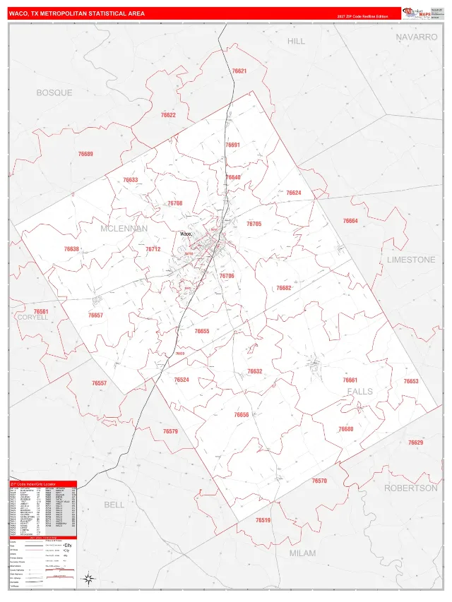 Waco Metro Area ZIP Code Wall Map, RedLine style