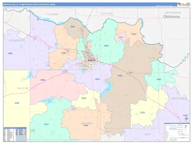 Wichita Falls Metro Area ZIP Code Wall Map, ColorCast style