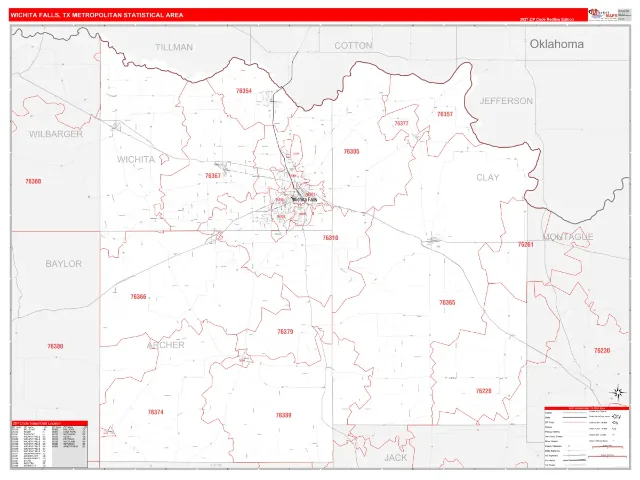 Wichita Falls Metro Area ZIP Code Wall Map, RedLine style