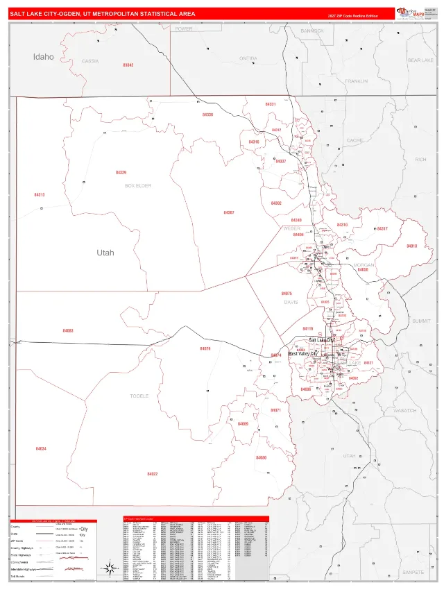 Salt Lake City Metro Area ZIP Code Wall Map, RedLine style