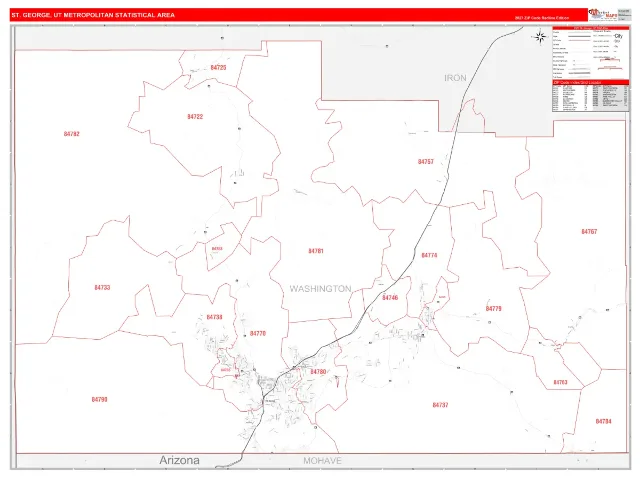 St. George Metro Area ZIP Code Wall Map, RedLine style