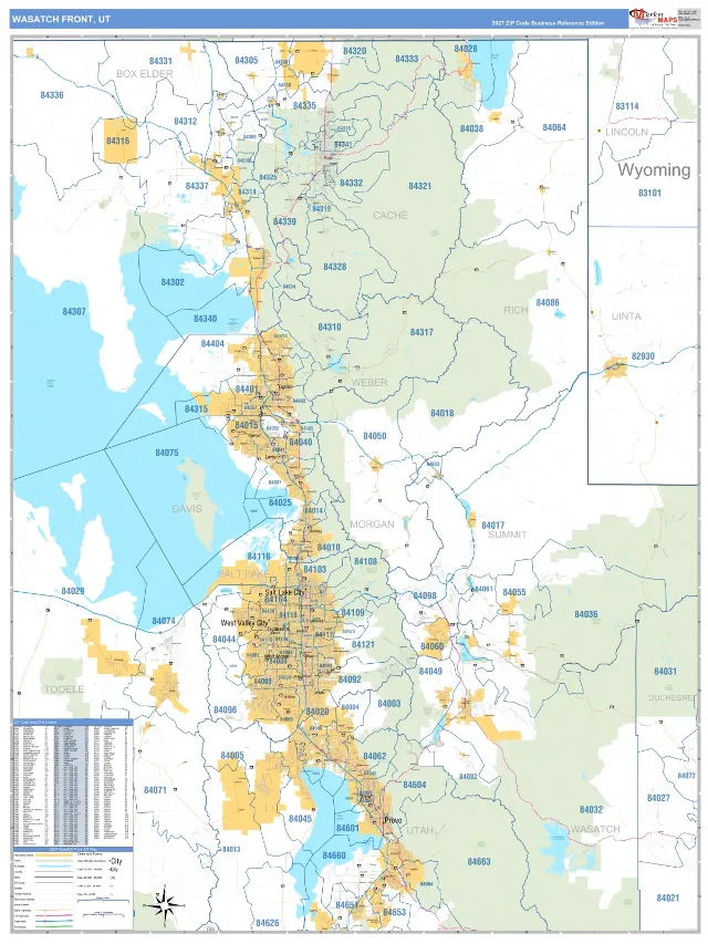 Wasatch Front Metro Area ZIP Code Wall Map, Business Reference style