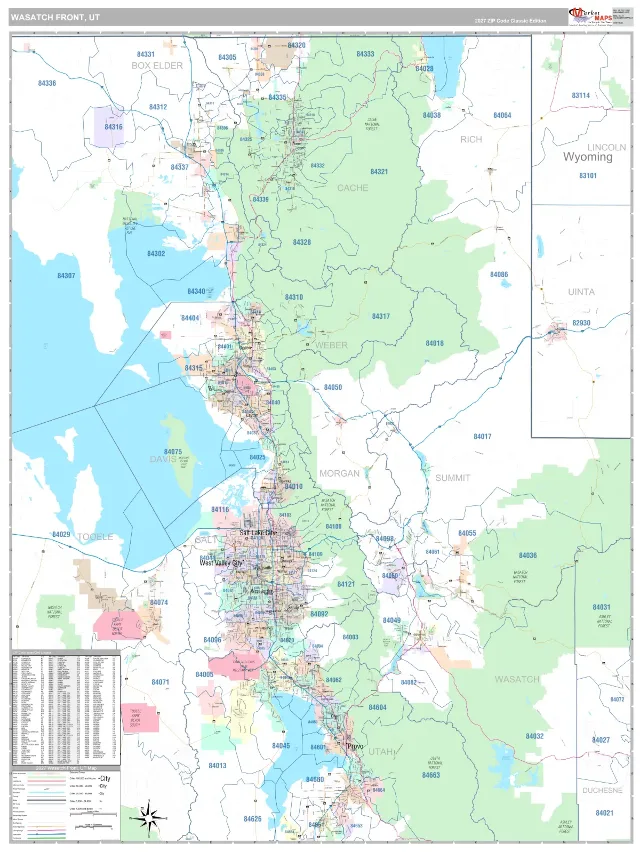 Wasatch Front Metro Area ZIP Code Wall Map, Classic style