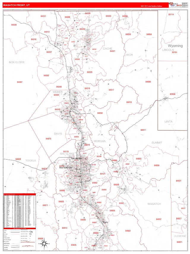 Wasatch Front Metro Area ZIP Code Wall Map, RedLine style