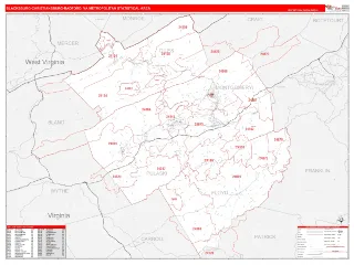 Blacksburg-Christiansburg-Radford Metro Area RedLine style ZIP Code wall map