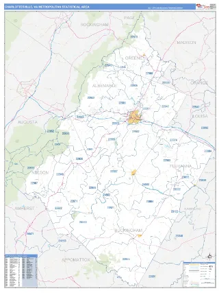Charlottesville Metro Area Business Reference style ZIP Code wall map