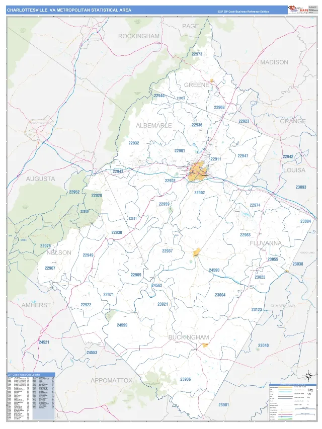Charlottesville Metro Area ZIP Code Wall Map, Business Reference style