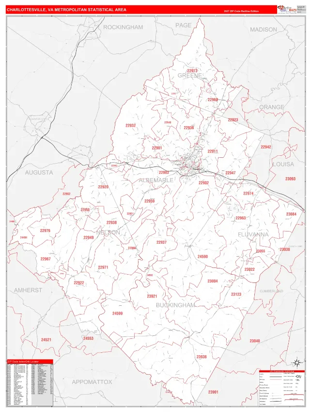 Charlottesville Metro Area ZIP Code Wall Map, RedLine style