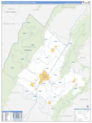 Harrisonburg Metro Area Business Reference style ZIP Code wall map