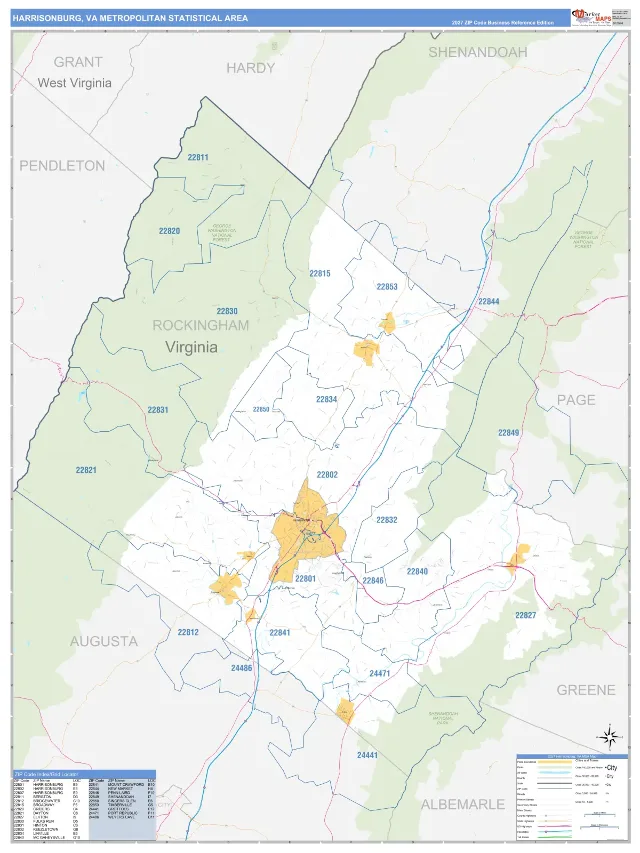 Harrisonburg Metro Area ZIP Code Wall Map, Business Reference style