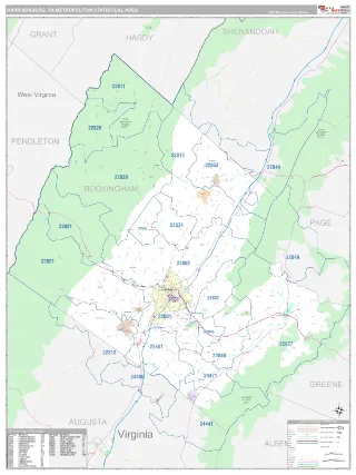 Harrisonburg Metro Area Classic style ZIP Code wall map