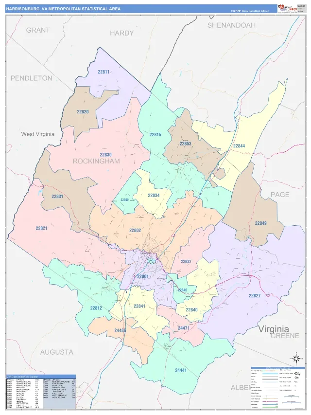 Harrisonburg Metro Area ZIP Code Wall Map, ColorCast style