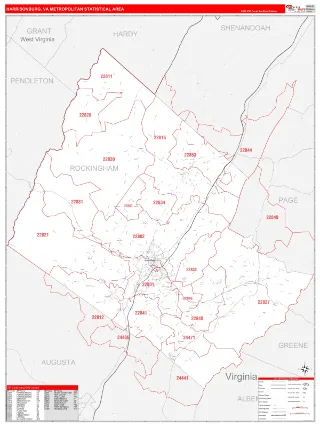 Harrisonburg Metro Area RedLine style ZIP Code wall map