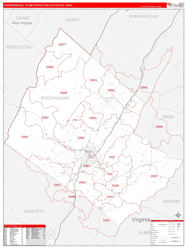 Harrisonburg Metro Area ZIP Code Wall Map, RedLine style