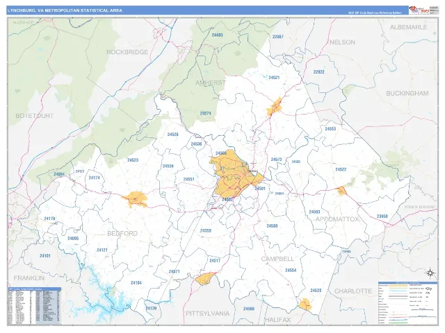 Lynchburg Metro Area ZIP Code Wall Map, Business Reference style