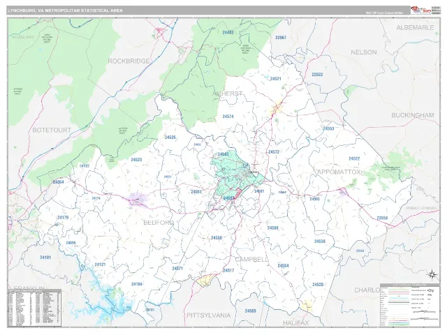 Lynchburg Metro Area ZIP Code Wall Map, Classic style