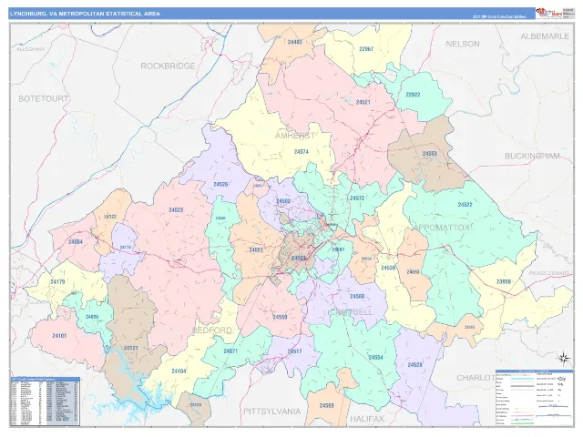 Lynchburg Metro Area ZIP Code Wall Map, ColorCast style