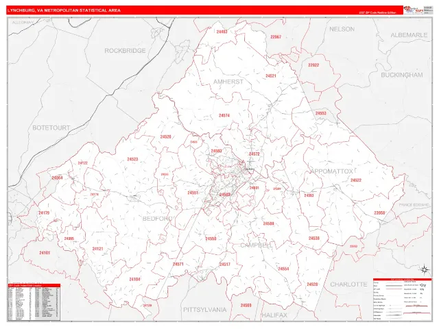 Lynchburg Metro Area ZIP Code Wall Map, RedLine style