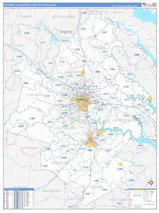 Richmond Metro Area Business Reference style ZIP Code wall map