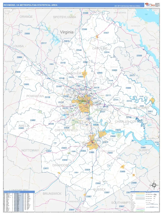 Richmond Metro Area ZIP Code Wall Map, Business Reference style
