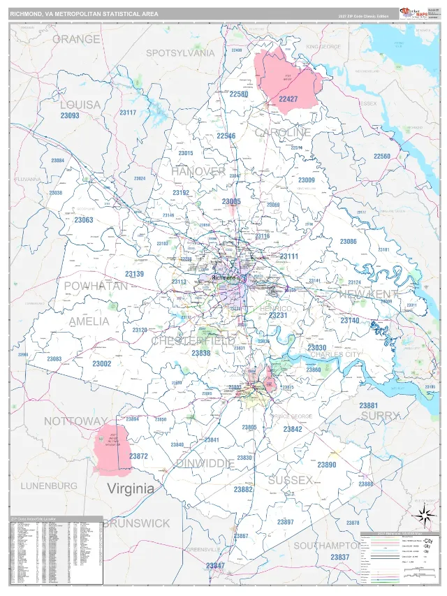 Richmond Metro Area ZIP Code Wall Map, Classic style