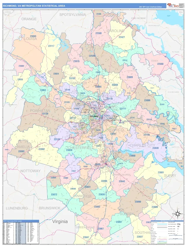 Richmond Metro Area ZIP Code Wall Map, ColorCast style